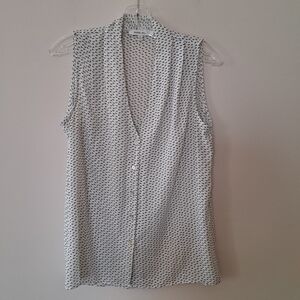 Black and White Button Down Blouse with Mandarin Collar